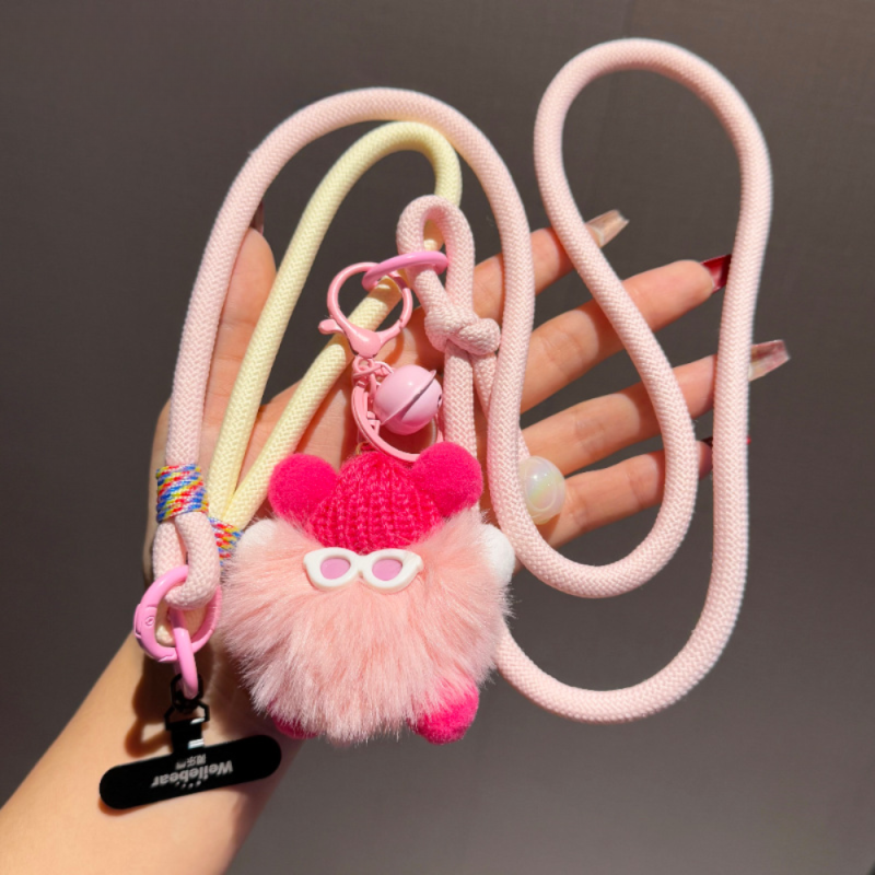 Collier Téléphone Cordon Long Tressé Bicolore Rose/Beige avec Peluche Monstre Kawaii — ECO · Smarty Paris 18e